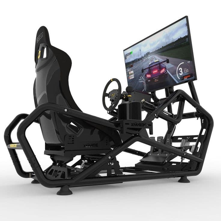 Driving simulator cockpit with steering wheel and racing screen